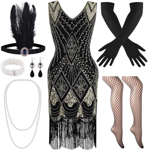 PLULON 1920s Flapper Dress Roaring 20s Gatsby Dress Costume with 20s Accessories
