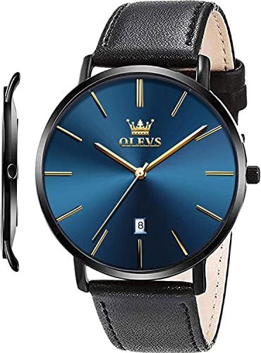 OLEVS Mens Wrist Watches Ultra Thin 6.5mm Minimalist Business Dress Waterproof & Date & Leather Strap Slim Watches for Men