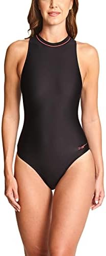 Zoggs Cable Zipped Hi Neck Swimsuit, High Coverage Swimsuits for Women, Ideal Choice for Training & Long Outdoor Swims, Zipped Swimming Costume Women Can Quickly Change, Classic Back with Orange Trim