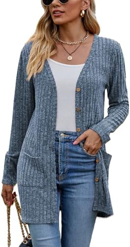 Famulily Women’s Long Sleeve Open Front Cardigans, Button Down V Neck Lightweight Outwear Jumper Sweaters with Pockets