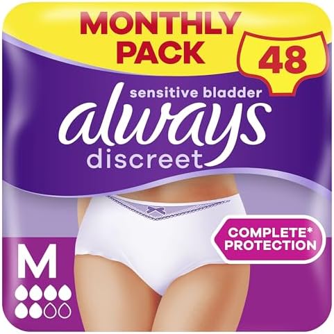 Always Discreet Incontinence Pants Women, Medium, UK Size 10-16, White, Absorbency 5, 48 Underwear / Knickers (12 x 4 Packs), Heavy Bladder Leak Protection / Maternity Postpartum, Odour Neutraliser