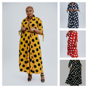 Maxi Dress Polka Dot Print 3/4 Sleeve Polka Dot Belted Fit & Flared Long Dress