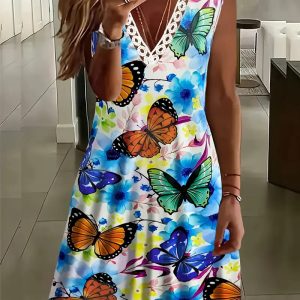 PLUS SIZE 18 20 MULTICOLOUR BUTTERFLY A LINE DRESS STRETCH CROCHET V NECK