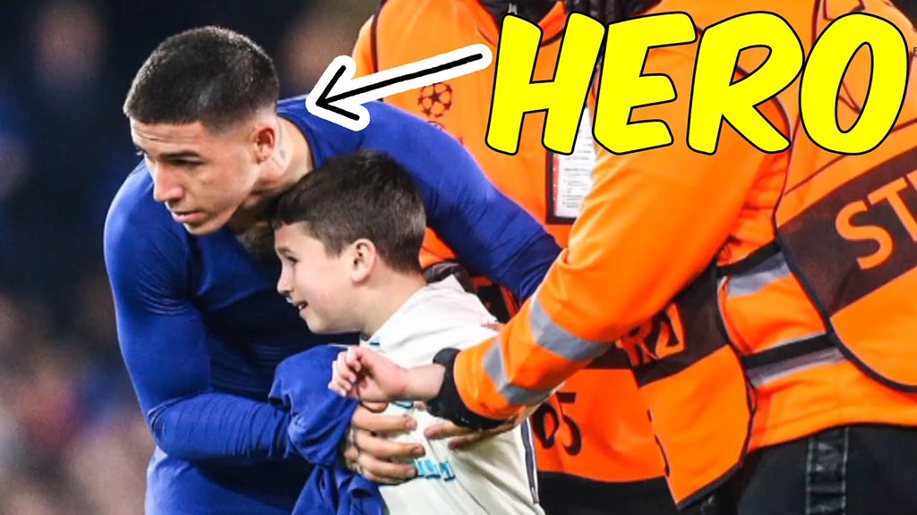 Enzo Fernandez giving his shirt to a young Chelsea fan who…