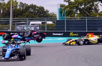 F1 race in Miami, Gasly's car flying through the air upside down