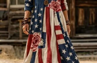 Women’s V Neck USA Flag Floral Printed Long Sleeves Maxi Long Dress Casual Sexy