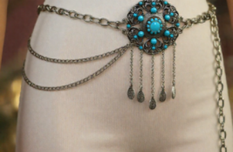 Women Silver Metal Chain Belt Turquoise Blue Beads Flower Charm Size XS S M