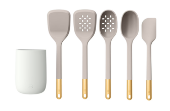 Beautiful 6-Piece Silicone Tool Set with Ceramic Crock, Porcini Taupe by Drew Ba