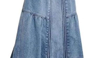 Women’s Retro Elastic High Waist Frayed A-Line Maxi Denim Skirt with Pockets