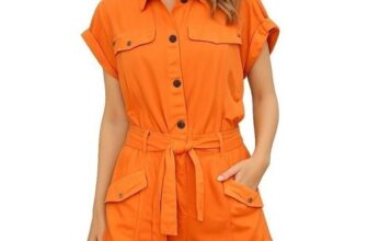 Orange Denim Utility Romper 8 US Belted Button Playsuit Retro Festuval 90s Y2K
