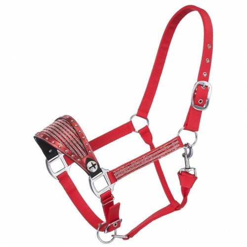Tough 1 Red Nylon Horse Sized Bronc Halter w/Foil and Crystal Overlay 50-3039