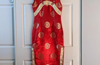 K.S. T Cheongsam Qipao Red Gold Silk Blend Dress S
