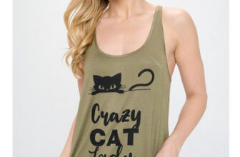 CRAZY CAT LADY  Print Tank Top  T Shirt  Casual Tee Women’s Light Weight Olive