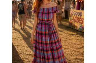 Whimsigoth Festival Plaid Midi Dress Smocked Off Shoulder Multicolor XS