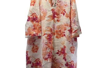 Chicos Kurta Dress Sz XXL 2X 20 100% Linen Colorful Floral Beaded V Neck Pockets