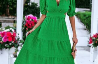 Solid Color V-Neck Textured Puffed Sleeve Maxi Dress
