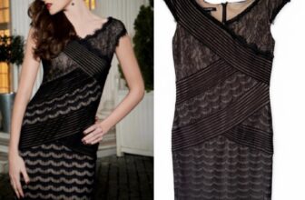 Montique Size 12 Black Lace Cocktail Dress Sheer Cap Sleeve Evening Party