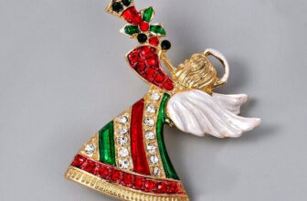 Angel Crystal Rhinestone & Enamel Christmas Brooch Pin with Gold Bag