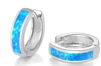 Elegant 14K White Gold Huggie Hoop Earrings with Blue Opal – Hypoallergenic