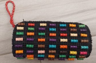 Black Crochet Round Multi Color Wood Bead Lined Pouch Clutch.    Size  7×3.5×2