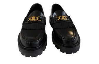 Celine Black Leather Margaret Triomphe Chain Logo Loafer, Size 37