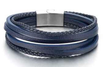 Mens Womens Multi-Strand Navy Blue Braided Leather Bracelet Wristband with Steel