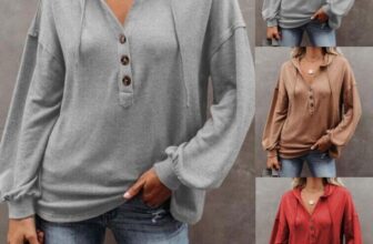 Womens Long Sleeve Sweatshirt Blouse Ladies Button V Neck Hoodies Tops Plus Size