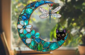 Dragonfly Moon Cat Faux Window Hanging, Acrylic Suncatcher Ornament,Garden Decor