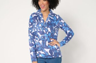 Susan Graver Women’s Top Sz S Printed Fleece Back Knit Pullover Blue A676834