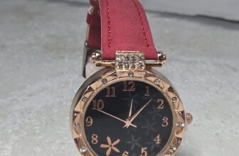 Women’s Red Faux Leather Band Gold-Tone Floral Dial Analog Dress Wristwatch