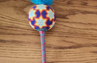 Huichol Tribe Wood Shaker Rattle w/ Wrapped Handle & Blue Tassel, 1pc