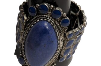 Faux Lapis Lazuli Statement Stretch Cuff Bracelet Silver Tone Festival Boho