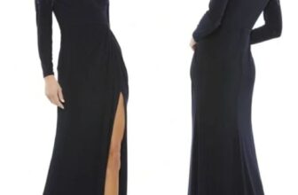 IEENA for MAC DUGGAL Women Long Sleeve Faux Wrap Jersey Gown Navy Embellished Dr