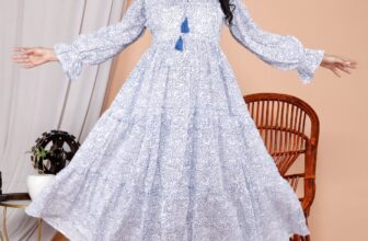 Blue Floral Cotton Tiered Maxi Dress Boho Long Sleeve Hand Block Print Midi Gown