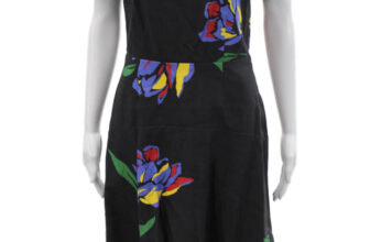 Suno Women Fit & Flare Midi Dress Black Floral Crew Neck Short Sleeve Size 6