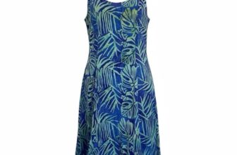Bali Batiks Blue Leaf Print Knee Length Dress Size XS Beaded Tropical Hawaiian