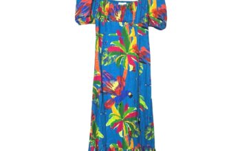 House of Harlow Midi Dress Small Tropical Resortwear Parrot Puff Sleeve Blue