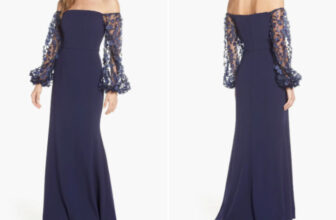 ELIZA J Navy Off the Shoulder 3D Sheer Sleeve Scuba Crepe Maxi Gown Dress 4 = S