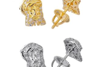 Men’s Sterling Silver Gold or Silver Iced CZ Jesus Stud Earrings Screw Back 401