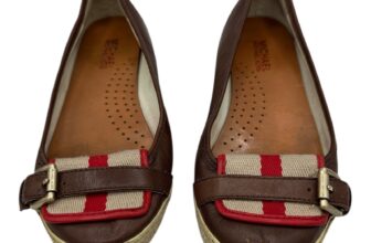 Michael Kors Brown Leather Espadrille Flats Red Stripe Buckle Accent Size 6.5M