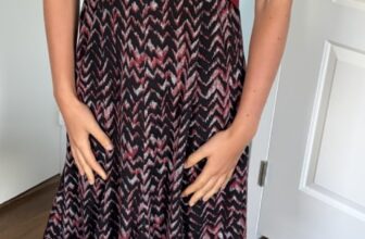 Perceptions New York black and red chevron midi dress with belt in front, size M