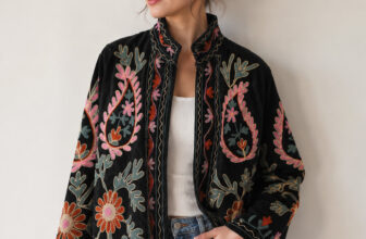 Women’s Black Velvet Statement Jacket Handmade Suzani Floral Embroidered Coat US