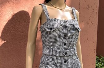 Black White Womens Gingham Button Sleeveless Romper Playsuit with Belt, Pockets