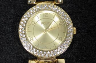 Folio Womans Crystal Accent Gold Tone Round Case Chain Link Bracelet Watch 7.5in