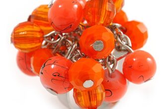 Orange Glass and Ceramic Bead Cluster Ring in Silver Tone Metal – Adjustable 7/8