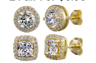 2 Pair Gold Plated Stud Earrings With Cubic Zirconia Hip Hop Jewelry Unisex, Men