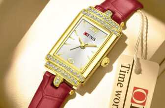 Exquisite diamond studded square dial leather strap quartz women’s watch