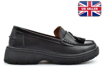 Womens Tassel Shoes Girls School Shoes Ladies Slip On Shoes Coated Leather Black