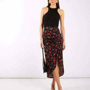 Black Floral Ruche Side Midi Skirt – 18