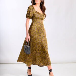 Brown Animal Satin Sweetheart Neck Midi Dress – 16